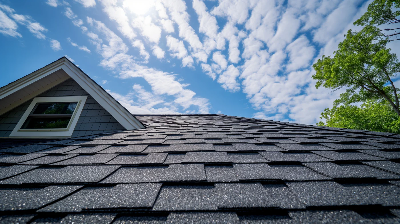 A close-up, upward view of an asphalt shingle roof on a blue house with white windows.