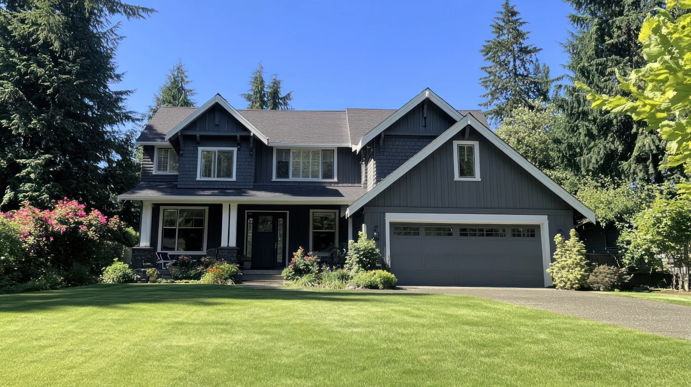 Gray Two Story House With Green Lawn