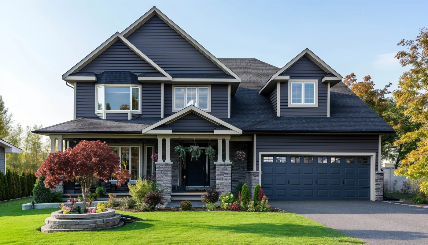 A two-story blue and stone house with a blue garage door, a wooden front door, white windows, and an asphalt shingle roof.