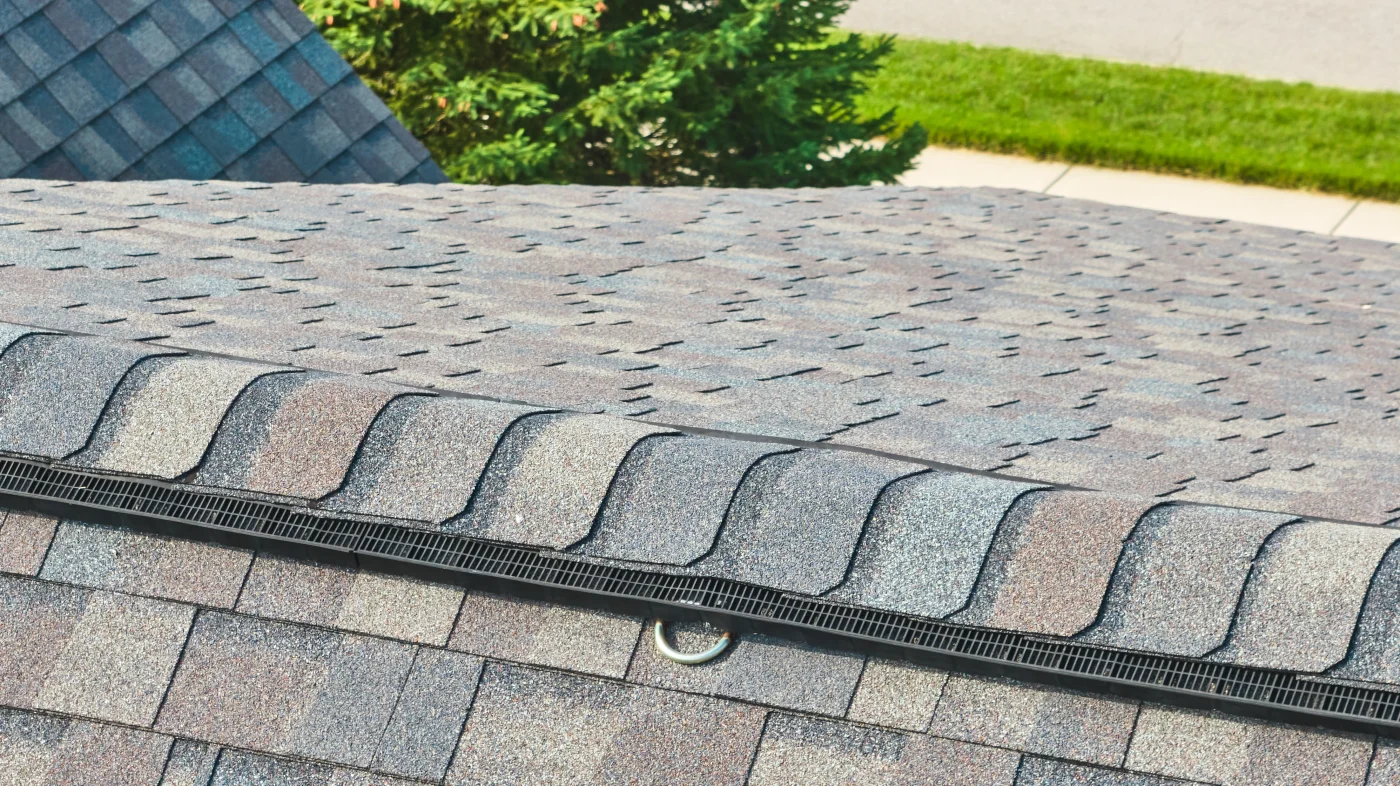 An up-close view of an asphalt shingle roof, looking down towards the sidewalk.