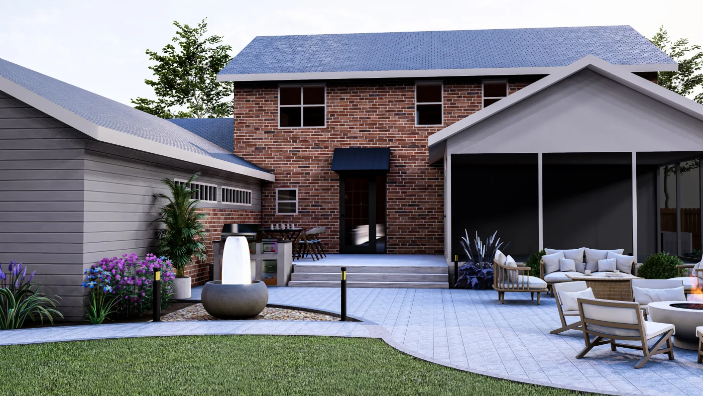 A two-story gray and brick house with white windows, and a shingle roof.