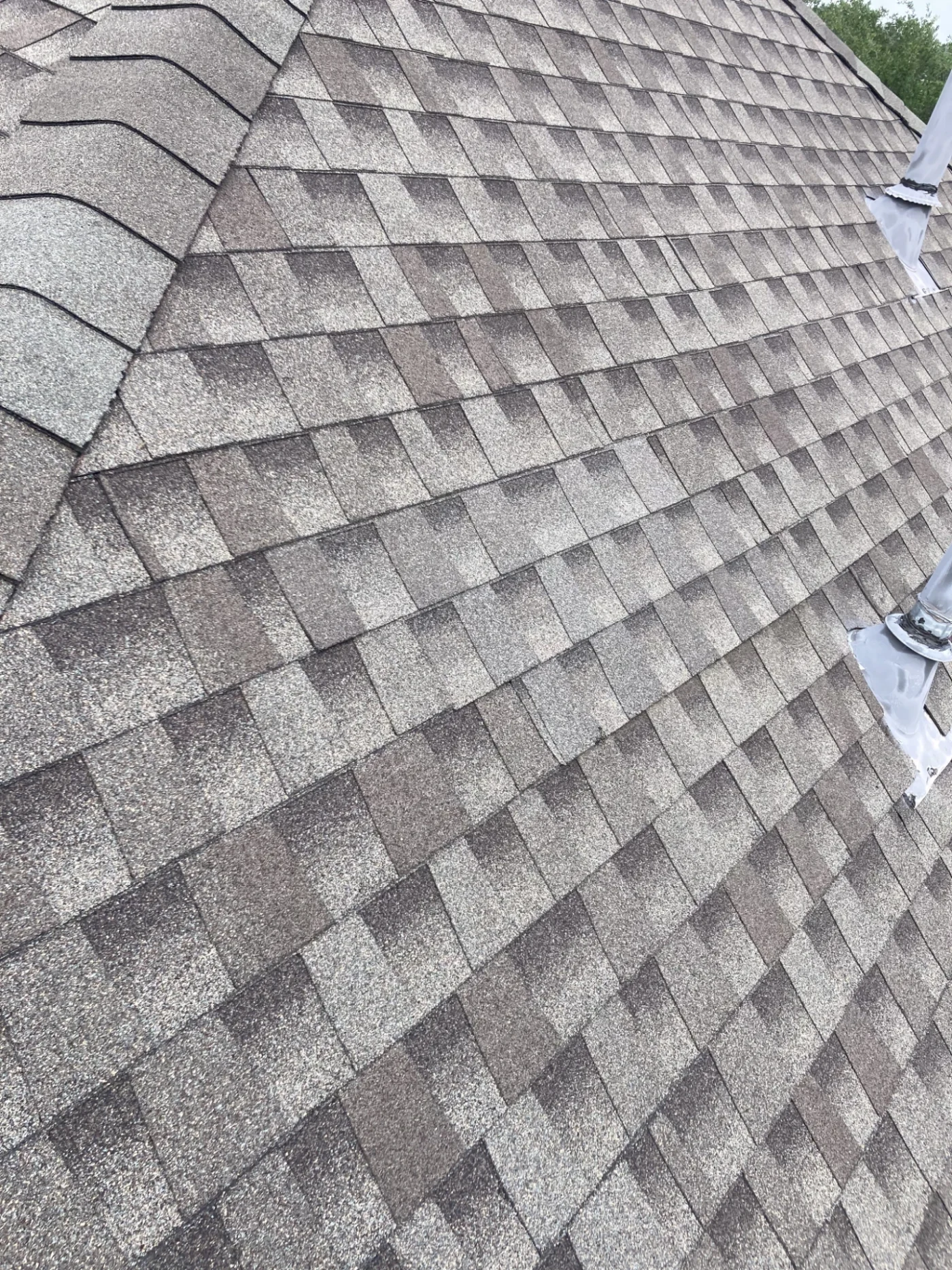 A close-up view of an asphalt shingle roof on a house.