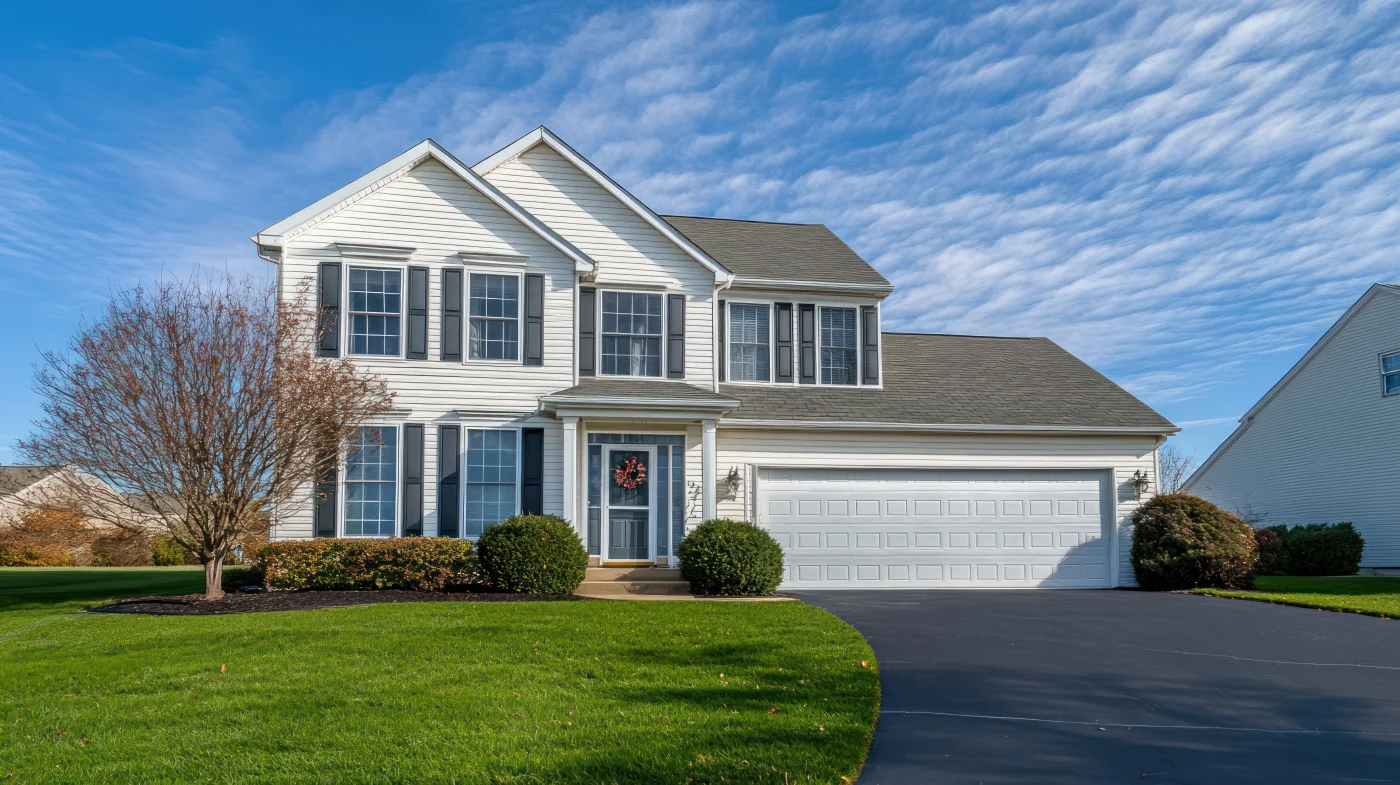 A two-story white house with a navy front door, a white garage door, white windows, navy shutters, and an asphalt shingle roof.