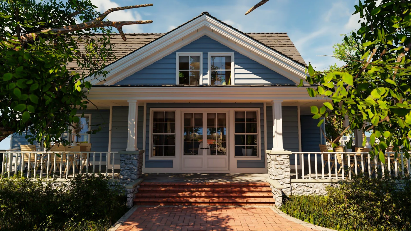A blue house with brick walkway and steps leading to the front door, white double doors with glass inserts and windows on the side, a front porch, two white windows above the entryway, and a shingle roof.
