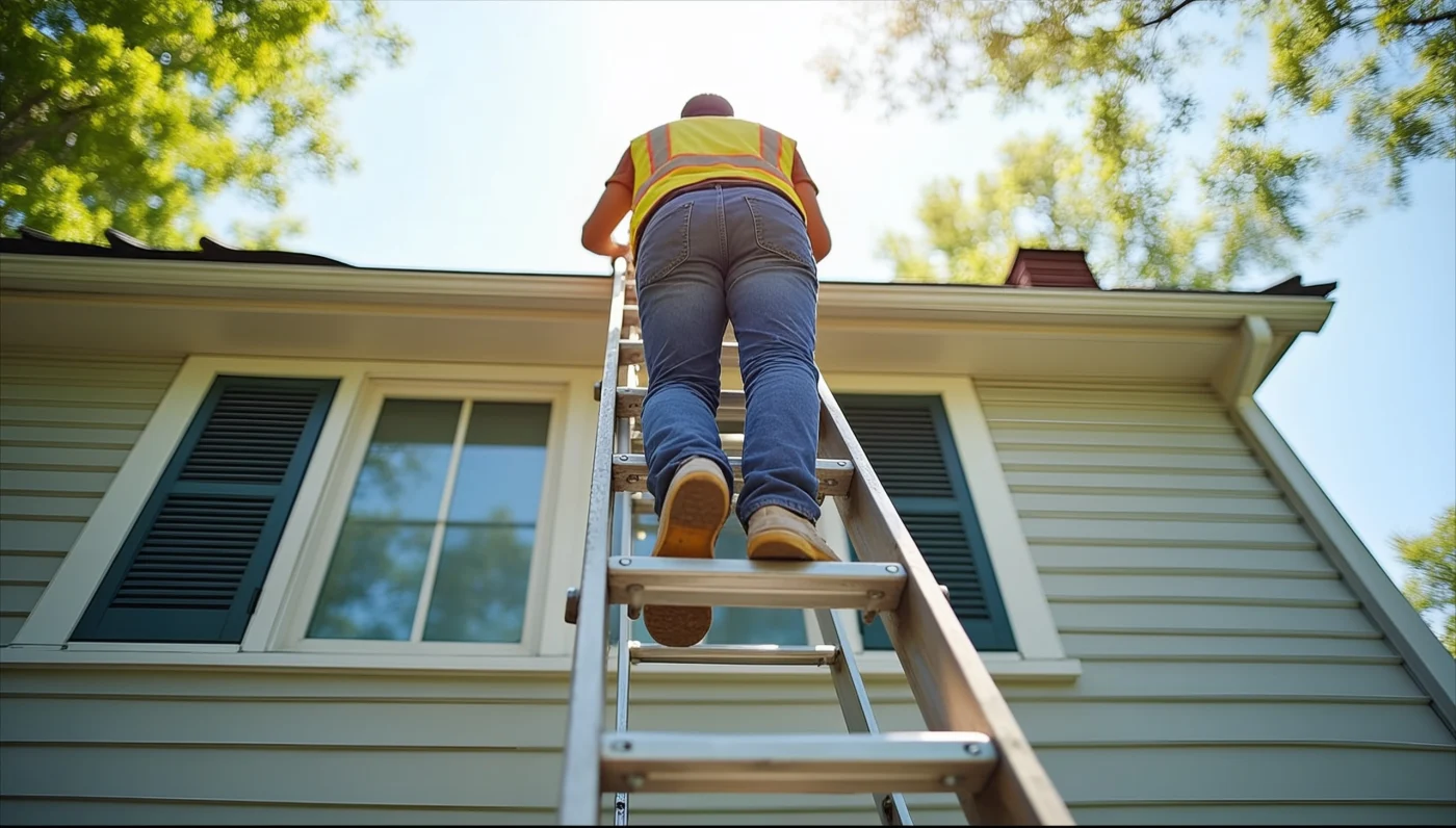 Trusted Roofing Austin Tx Wolfpack Roofing And Exteriors A roofer on a ladder as they go up to get a visual on a homeowner’s roof.