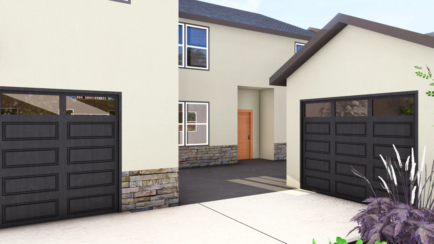Complete Exterior Services In Belterra, TX | Wolfpack Roofing An up-close view of a tan stucco house with two black garage doors and a stone base.