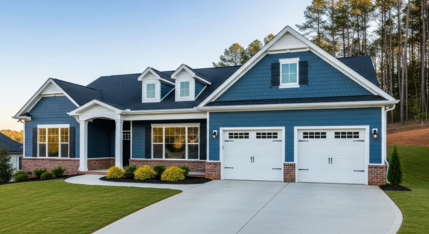 Strong Roofing Company In Belterra, TX | Wolfpack Roofing A blue house with a brick base, two white garage doors, white windows with black shutters, and an asphalt shingle roof.